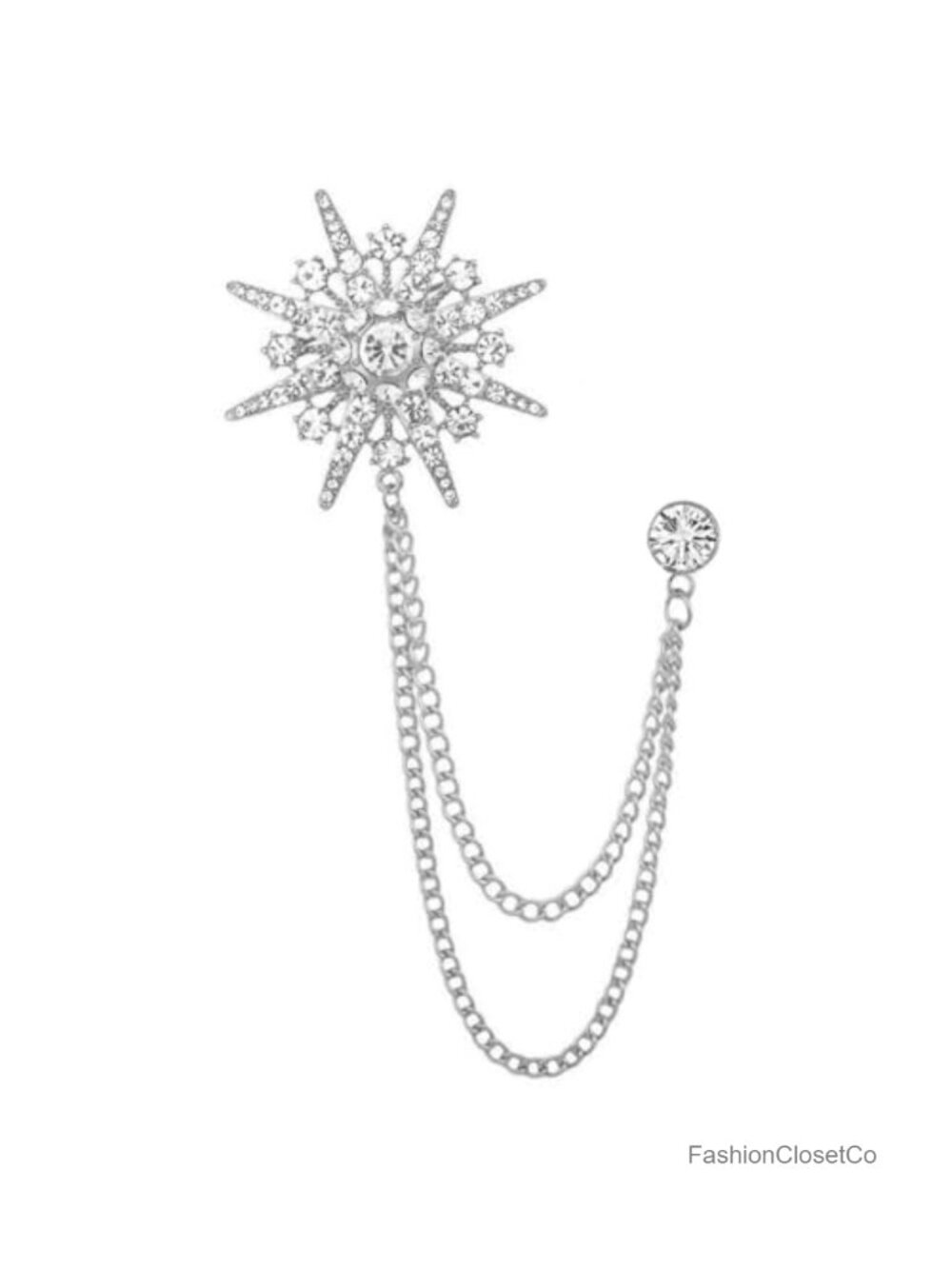Crystal Rhinestone Starburst Brooch Pin Long Chain Tassel Lapel Wedding Party